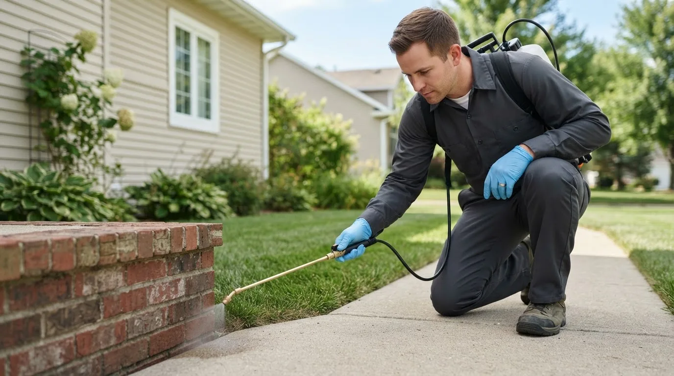 Pest control technician treating a home near Harper, IA